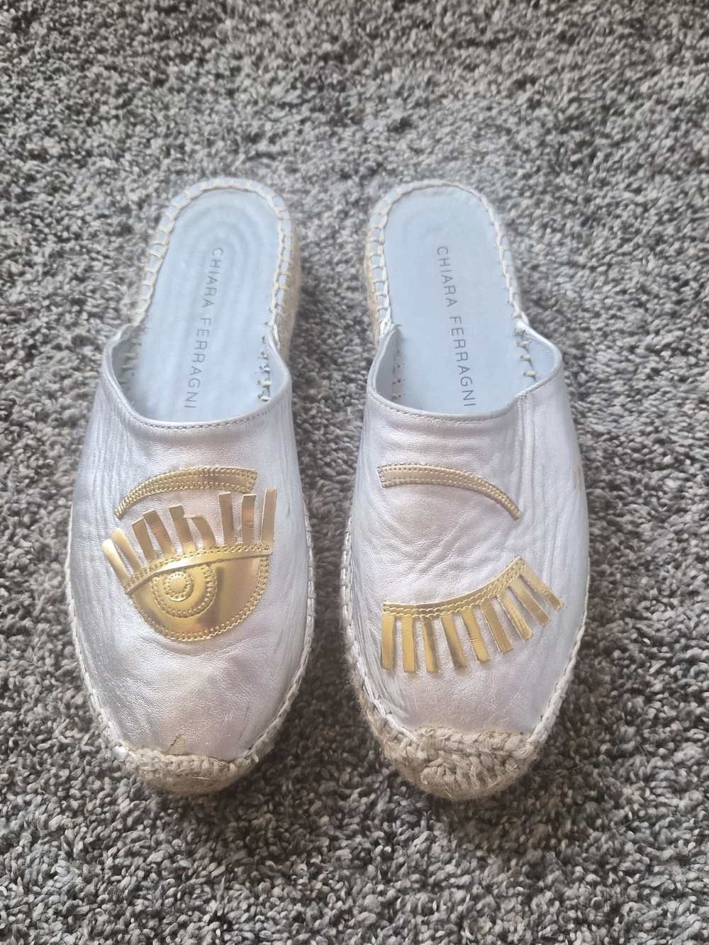 Chiara Ferragni Silver Leather Slip On Mules with Gold Eye Motif